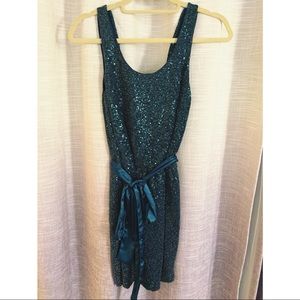 Express turquoise sequined mini dress with satin tie sash